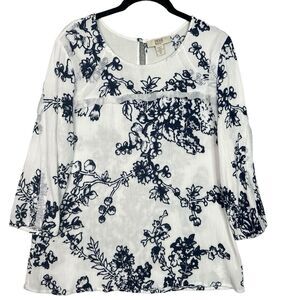 VTG  America Blues‎ White Blue Floral Blouse XL Crinkle Texture Boho Tunic Top